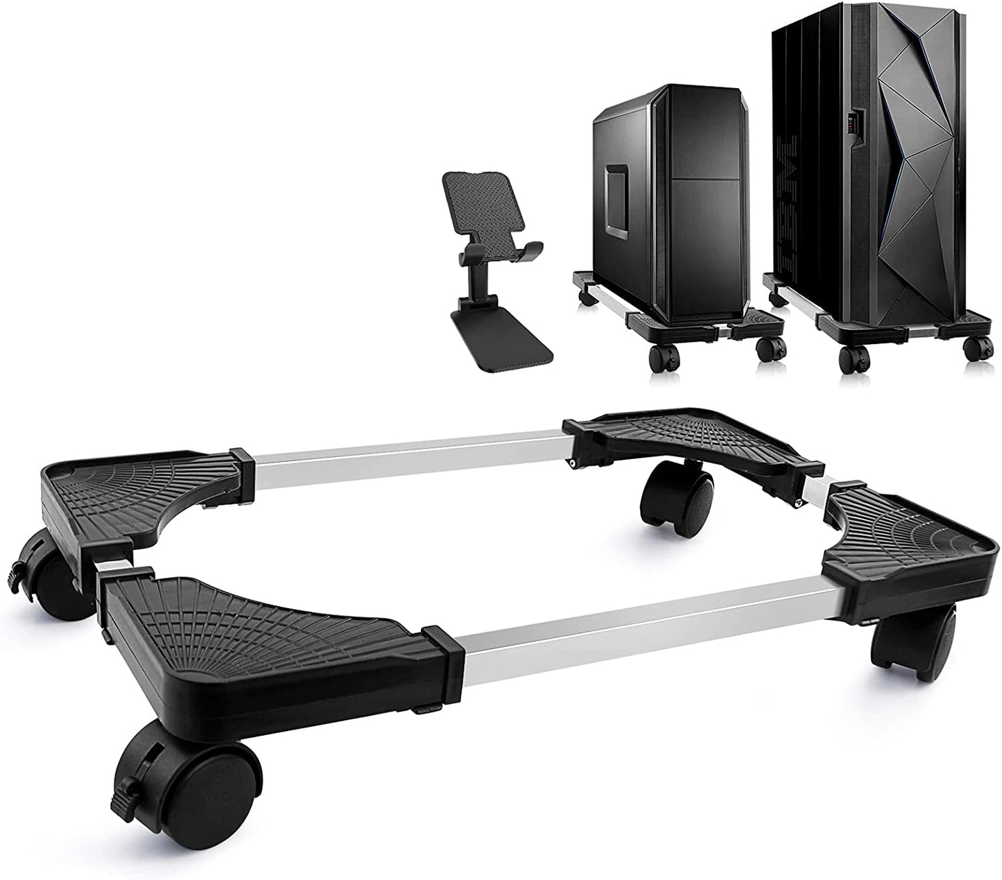Computer Tower Stand, Adjustable PC Tower Stand with Rolling Caster Wheels, Mobile CPU Holder for Floor Carpet Gaming PC Case, Fits Home Office under Desk, Black