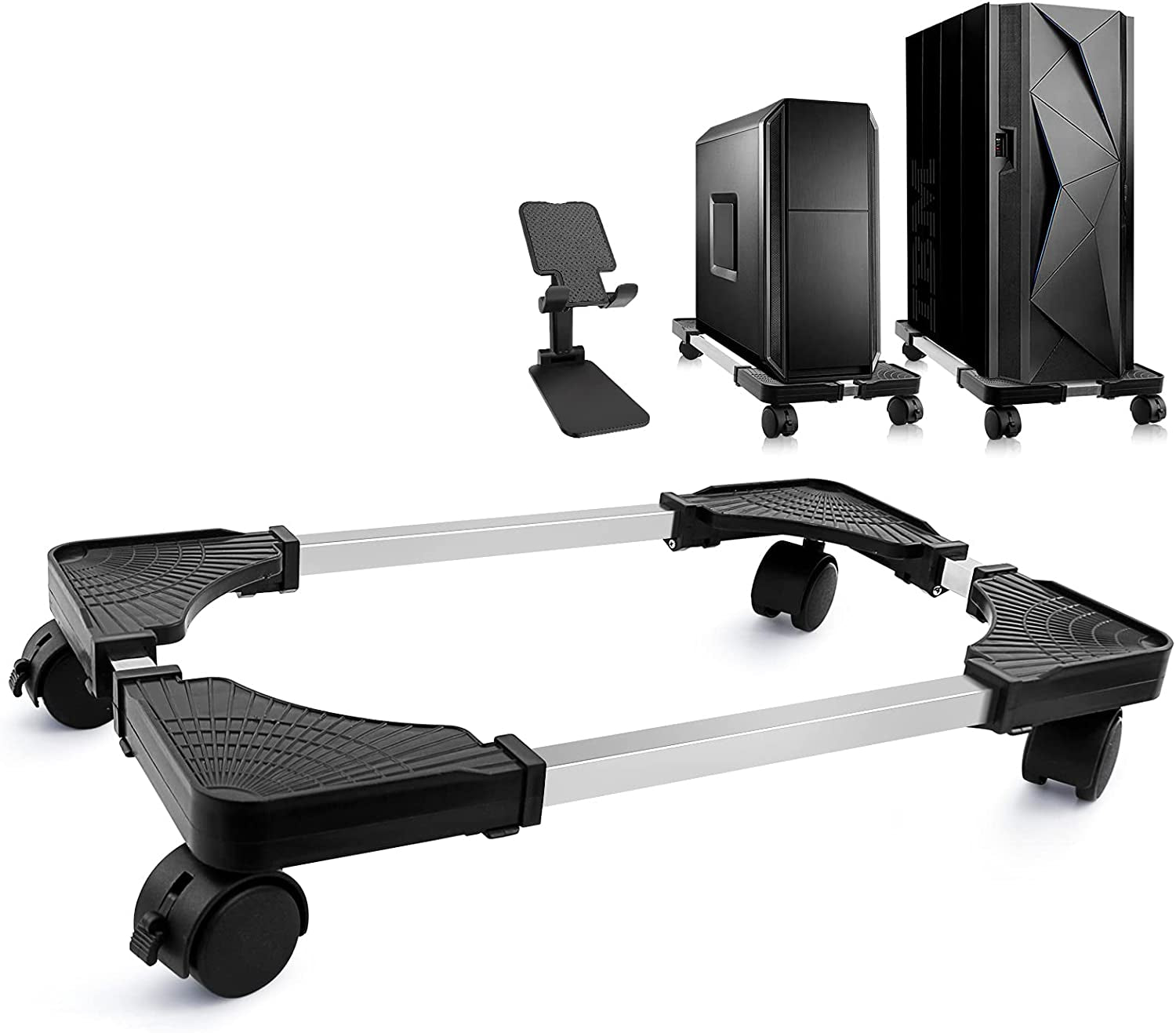 Computer Tower Stand, Adjustable PC Tower Stand with Rolling Caster Wheels, Mobile CPU Holder for Floor Carpet Gaming PC Case, Fits Home Office under Desk, Black