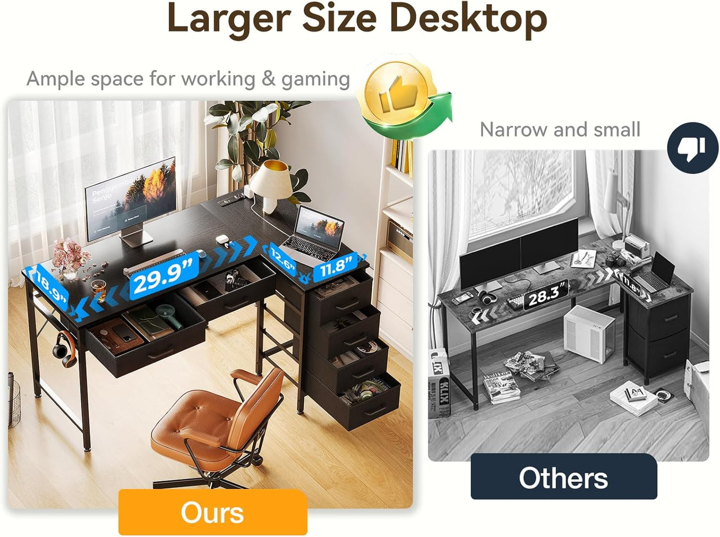 42 Inch L Shaped Desk with Drawers, Computer Desk with Power Outlets, Home Office Desk with 6 Drawers, Reversible Corner Desk for Small Space, Study Work Table with Hook, Black