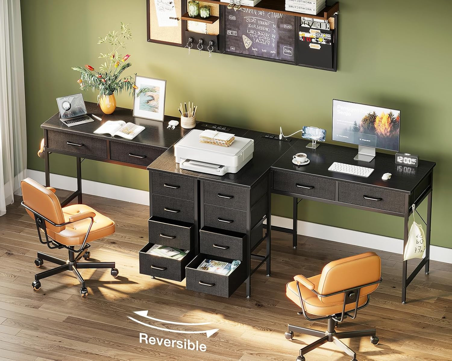 42 Inch L Shaped Desk with Drawers, Computer Desk with Power Outlets, Home Office Desk with 6 Drawers, Reversible Corner Desk for Small Space, Study Work Table with Hook, Black