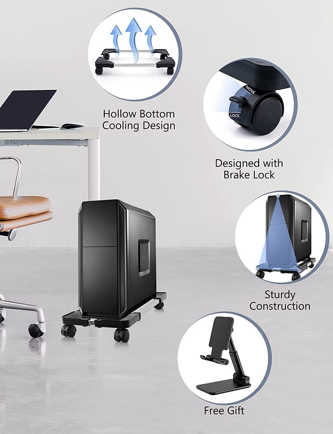 Computer Tower Stand, Adjustable PC Tower Stand with Rolling Caster Wheels, Mobile CPU Holder for Floor Carpet Gaming PC Case, Fits Home Office under Desk, Black