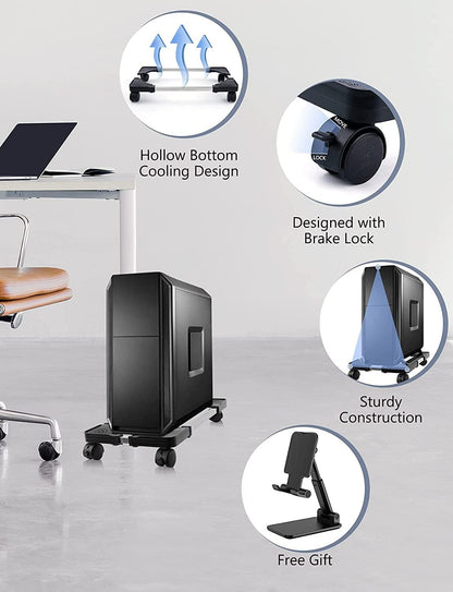 Computer Tower Stand, Adjustable PC Tower Stand with Rolling Caster Wheels, Mobile CPU Holder for Floor Carpet Gaming PC Case, Fits Home Office under Desk, Black