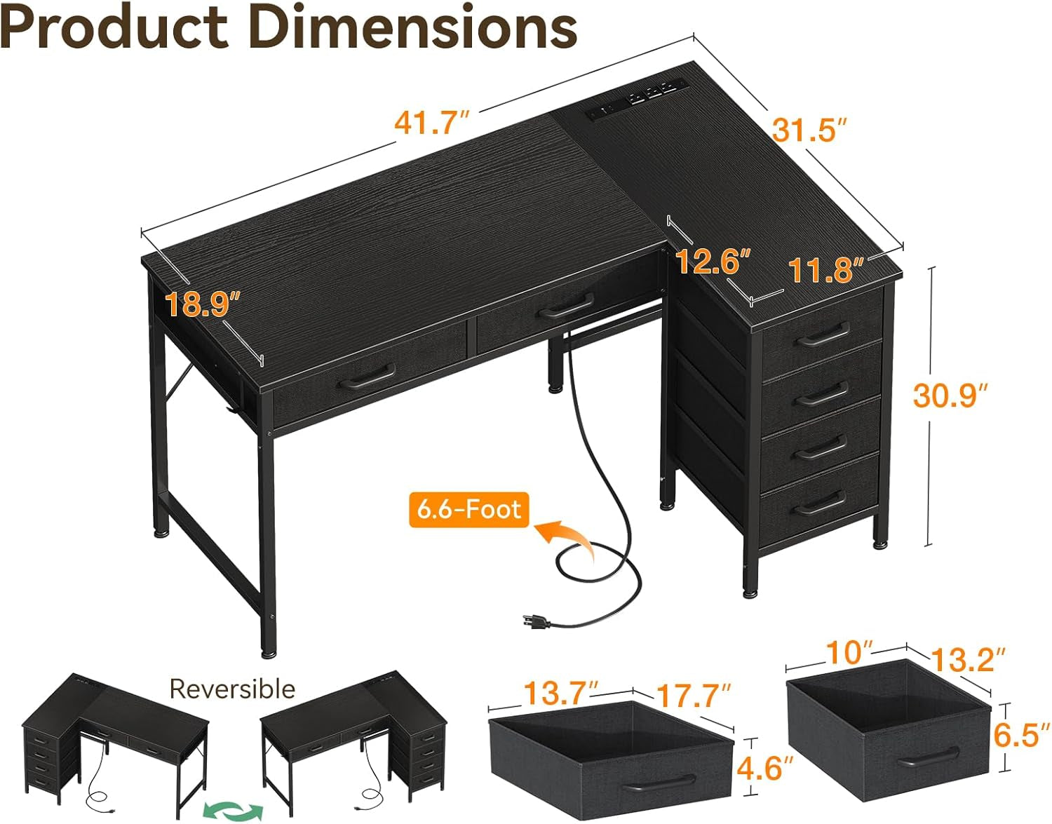 42 Inch L Shaped Desk with Drawers, Computer Desk with Power Outlets, Home Office Desk with 6 Drawers, Reversible Corner Desk for Small Space, Study Work Table with Hook, Black