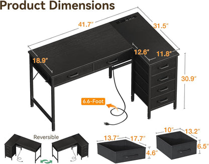 42 Inch L Shaped Desk with Drawers, Computer Desk with Power Outlets, Home Office Desk with 6 Drawers, Reversible Corner Desk for Small Space, Study Work Table with Hook, Black