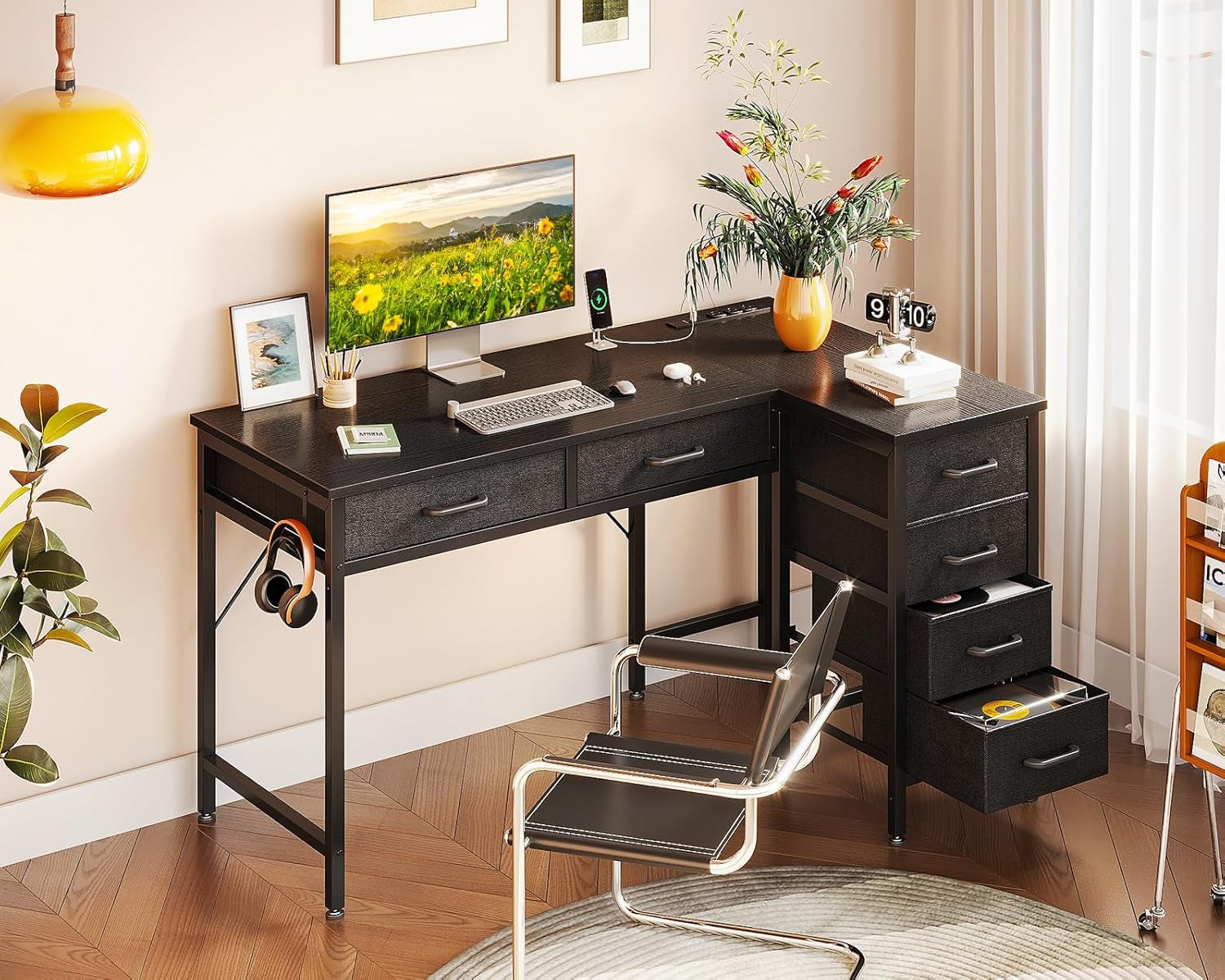 42 Inch L Shaped Desk with Drawers, Computer Desk with Power Outlets, Home Office Desk with 6 Drawers, Reversible Corner Desk for Small Space, Study Work Table with Hook, Black