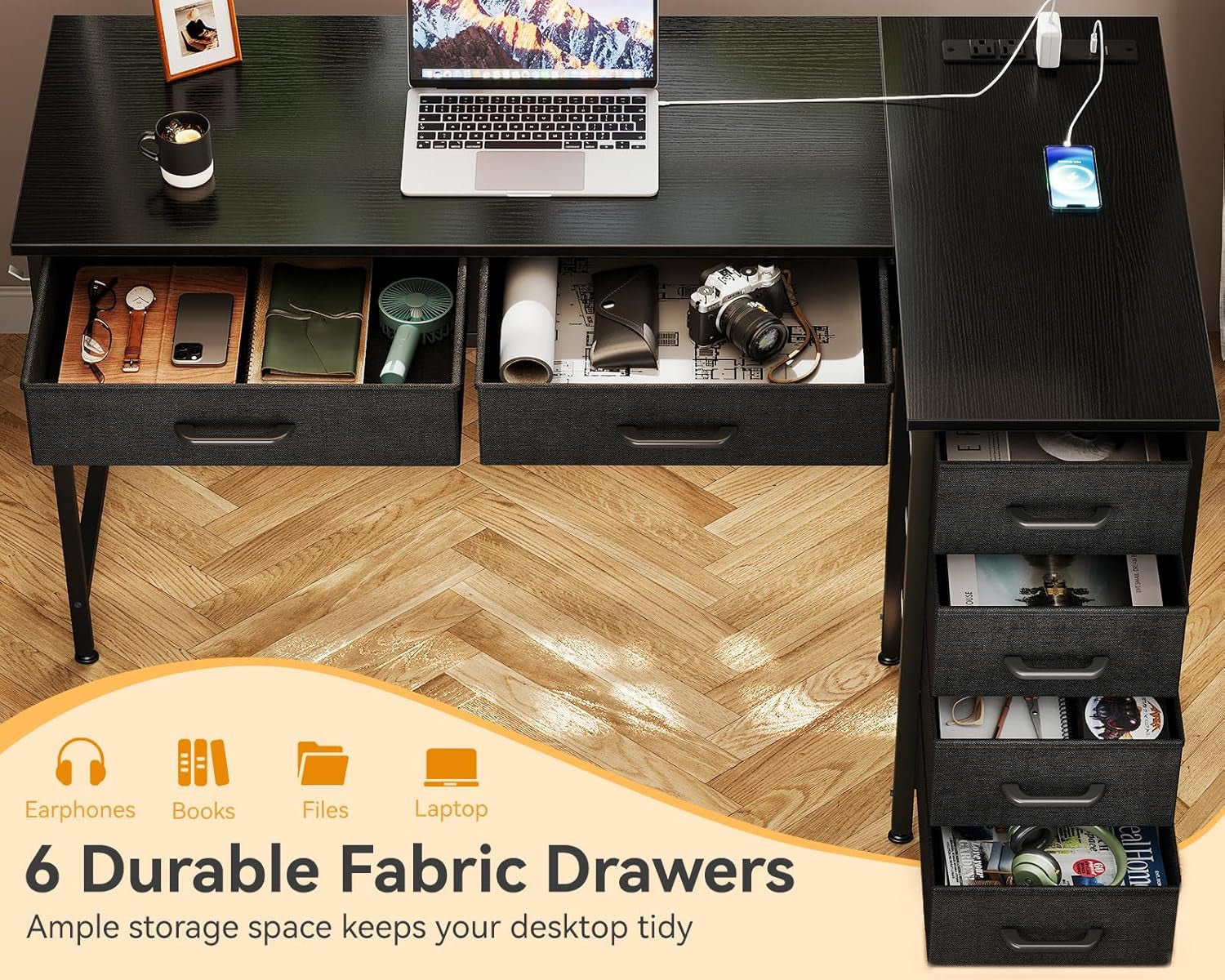 42 Inch L Shaped Desk with Drawers, Computer Desk with Power Outlets, Home Office Desk with 6 Drawers, Reversible Corner Desk for Small Space, Study Work Table with Hook, Black