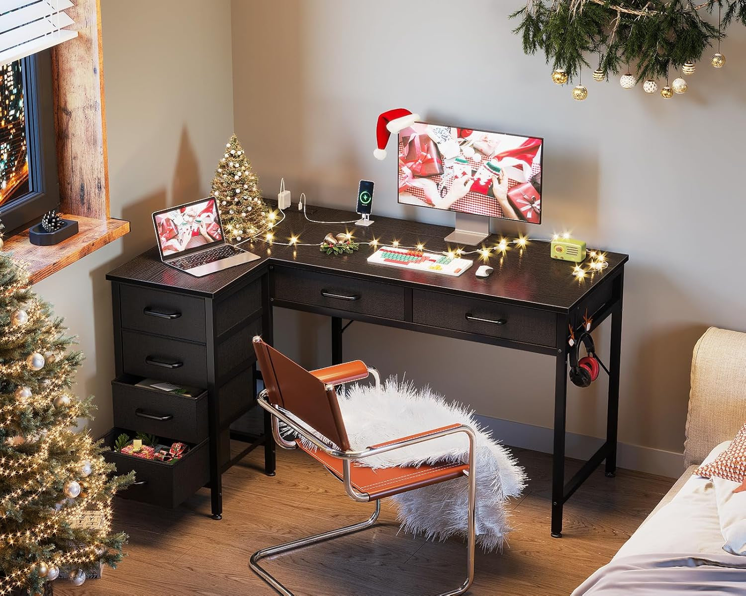 42 Inch L Shaped Desk with Drawers, Computer Desk with Power Outlets, Home Office Desk with 6 Drawers, Reversible Corner Desk for Small Space, Study Work Table with Hook, Black