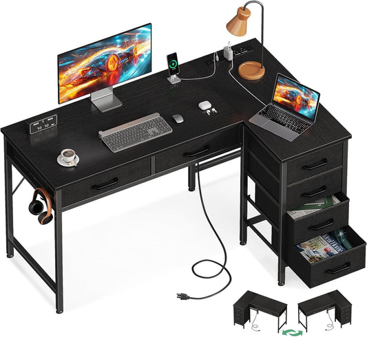 42 Inch L Shaped Desk with Drawers, Computer Desk with Power Outlets, Home Office Desk with 6 Drawers, Reversible Corner Desk for Small Space, Study Work Table with Hook, Black